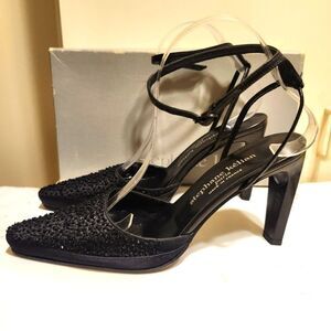 STEPHANIE KÉLIAN PARIS Black Beaded Silk/Leather Pumps Sz.9 Ret.$495 in Box